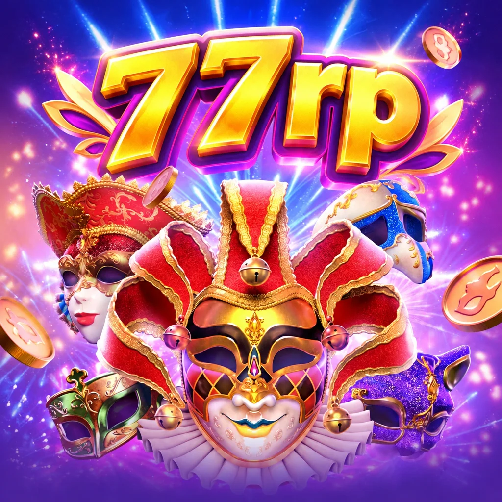 Topeng karnaval Venesia berhias bulu dan ornamen pesta dengan logo 77rp pada Mask Carnival